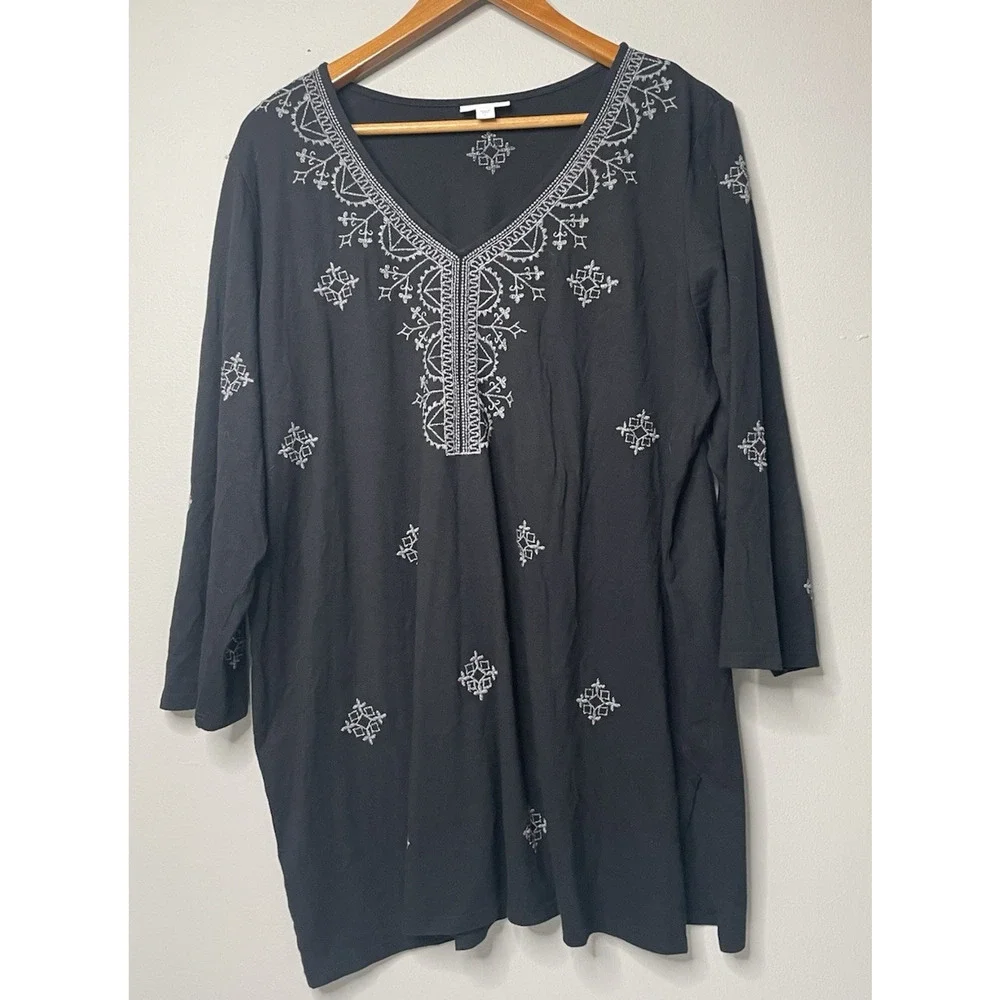 J. Jill Womens L Black Gray Embroidered Tunic Top 3/4 Sleeve Boho